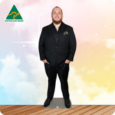 Cardboard cutout of a person wearing a black suit with an Australian Made logo in the corner.